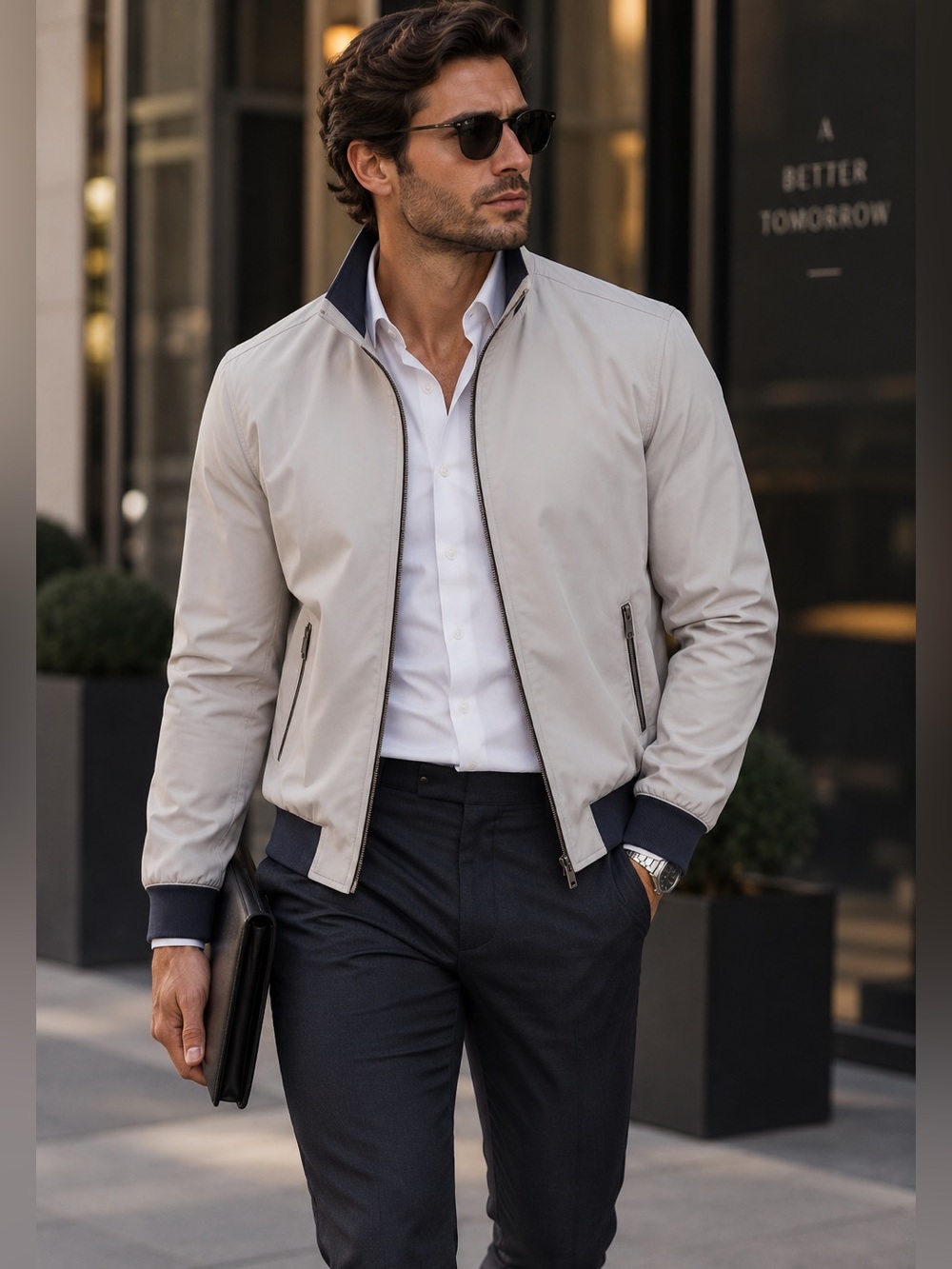 Zara Men's Light Gray Bomber Jacket with Dark Trim